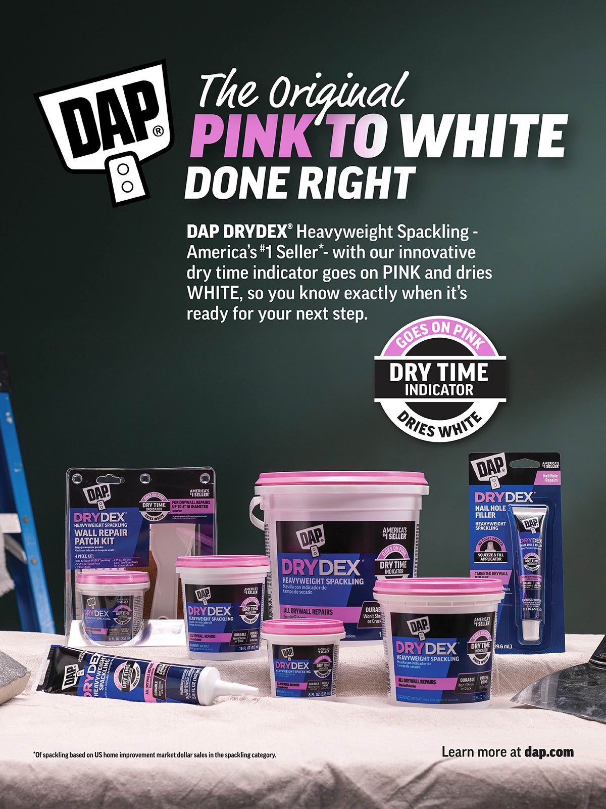 Assortment of DAP DRY DEXTM spackling products, highlighting its pink-to-white dry time indicator.
