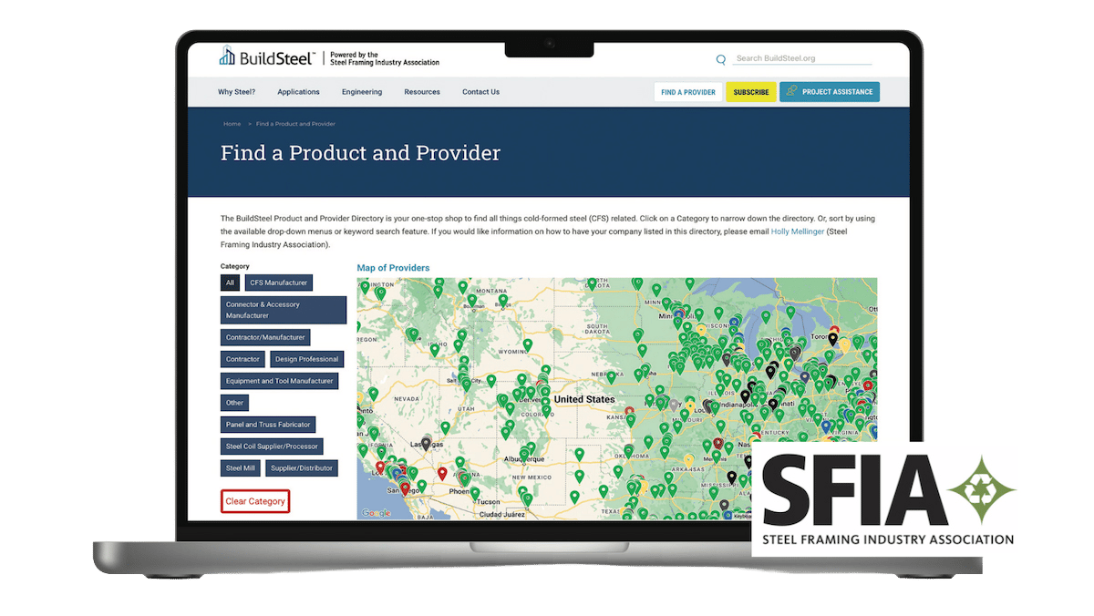 Laptop displaying BuildSteel's 'Find a Product and Provider' page with a map and categories. SFIA logo.