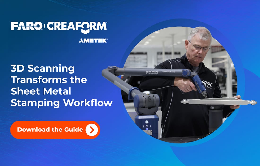 A man operates a FARO CREAFORM 3D scanner to inspect a metal part for sheet metal stamping.