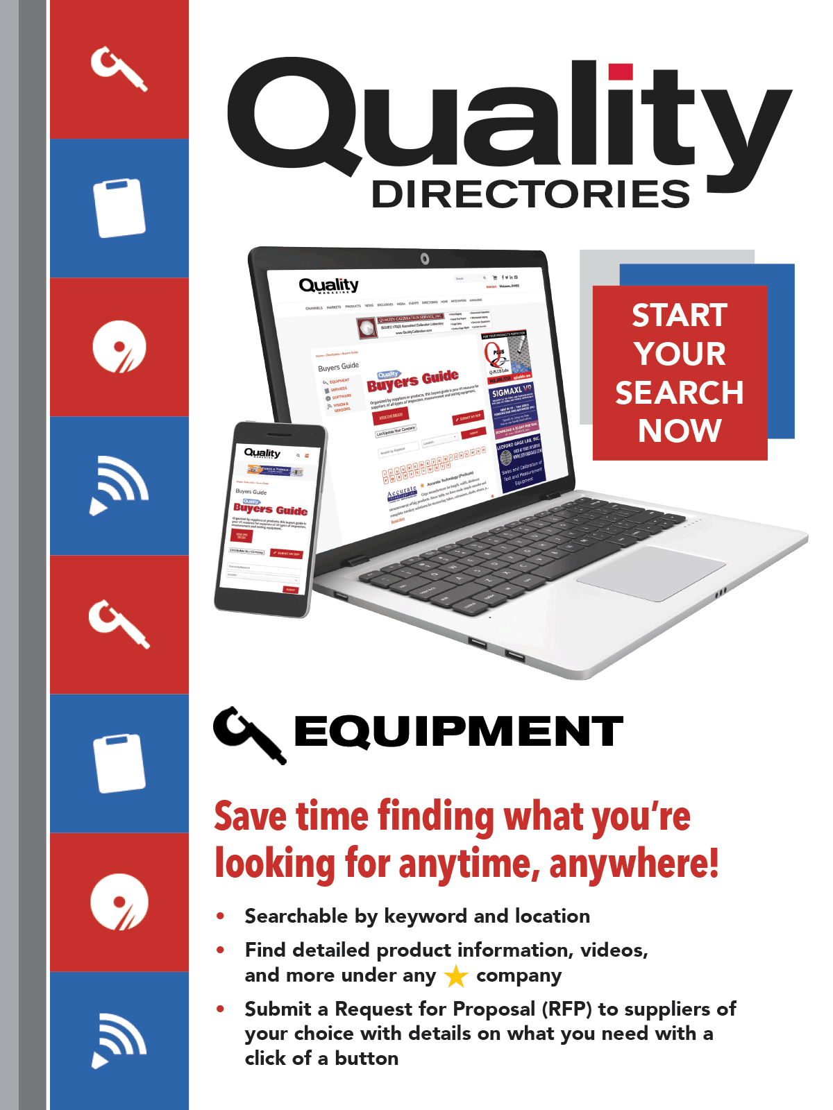 Ad for Quality Directories, showing an online Buyers Guide on a laptop and phone, with "Start Your Search Now."