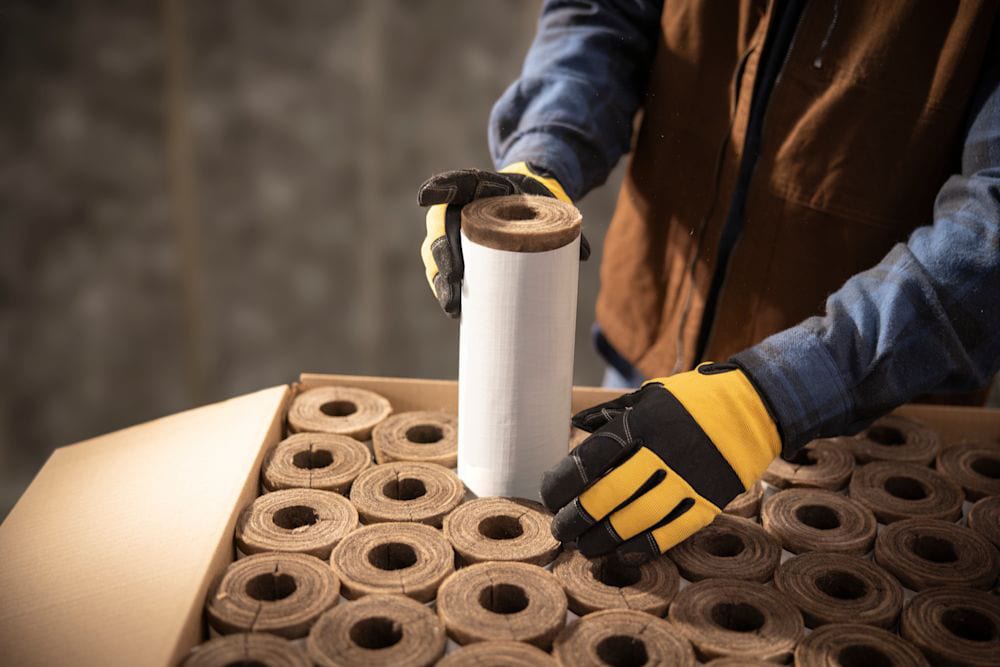 A person in work gloves handles an insulation roll, placing or retrieving it from a box of similar rolls.