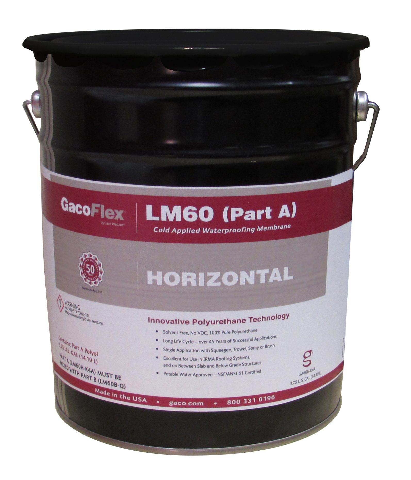 Black can of GacoFlex LM60 (Part A) horizontal cold applied waterproofing membrane, 3.75 US GAL.