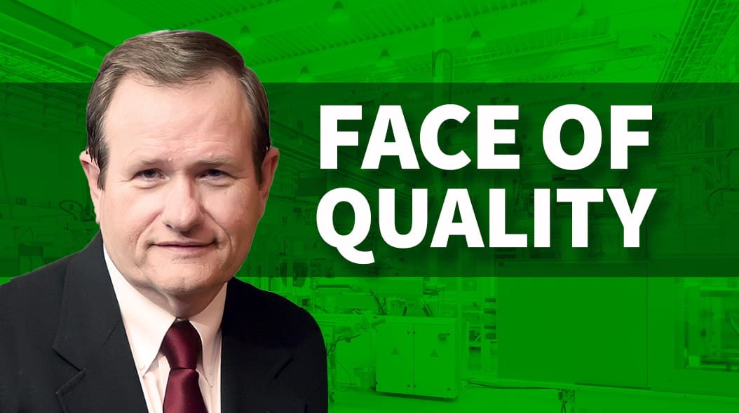 Man in a suit and tie next to the text "FACE OF QUALITY" on a green industrial background.