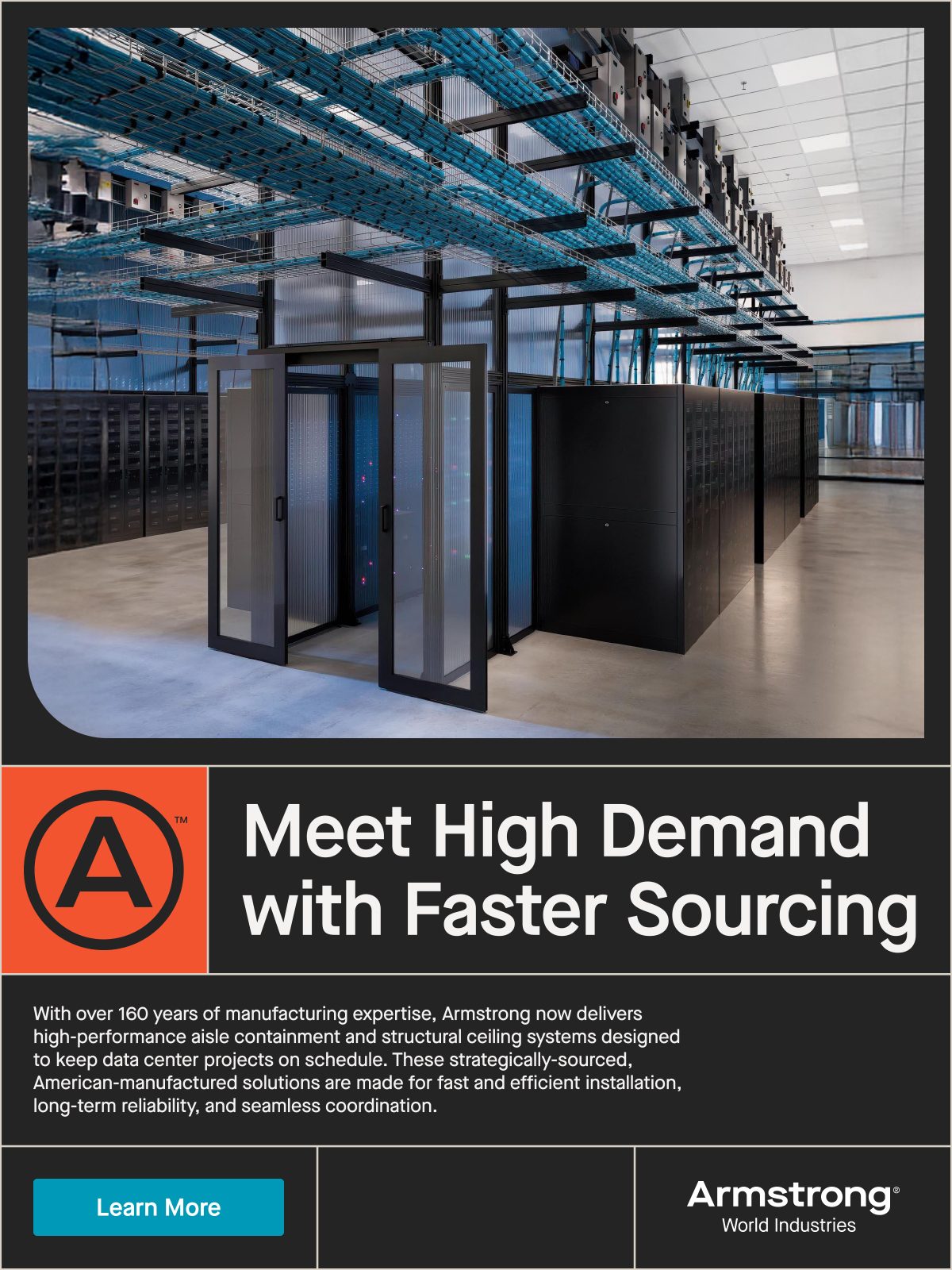 Data center with server racks, open aisle containment doors, and overhead blue cabling infrastructure.