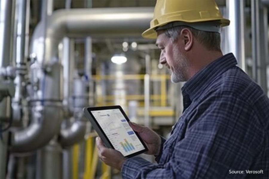 Worker in hard hat views data on tablet in industrial plant.