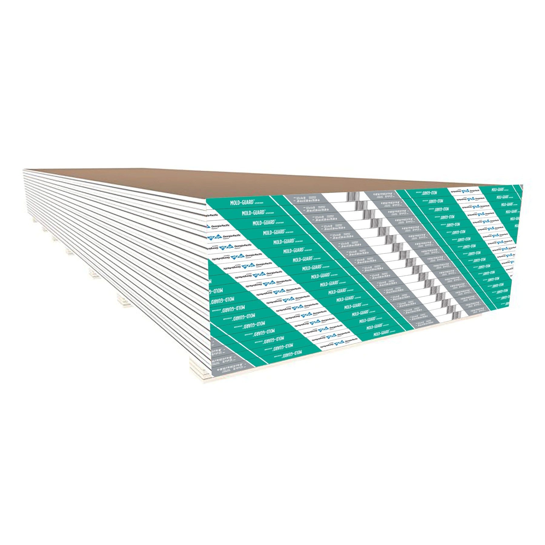 Large stack of Georgia-Pacific Mold-Guard drywall sheets.