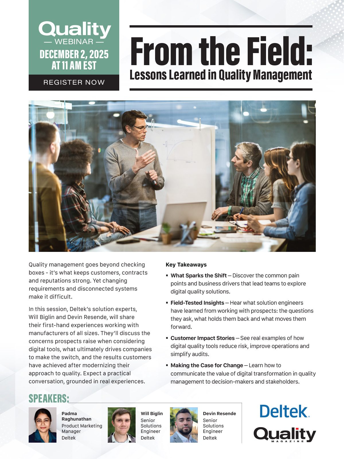 Webinar ad: "From the Field: Lessons Learned in Quality Management" by Deltek, Dec 2, 2025.