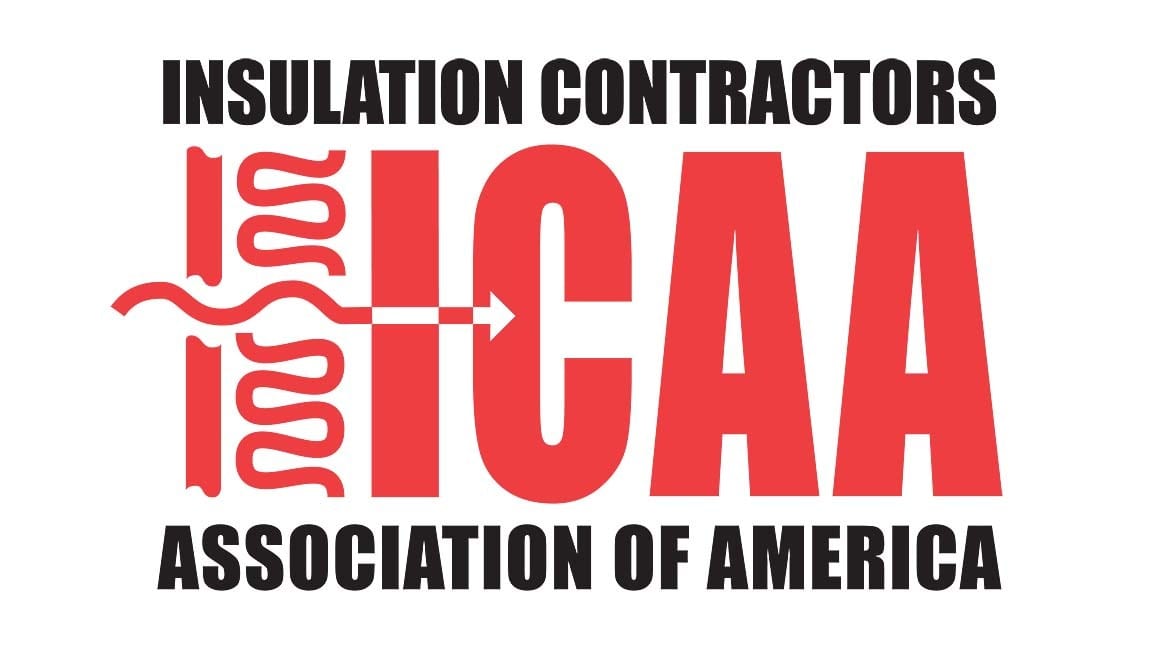 Logo for ICAA, Insulation Contractors Association of America, with red text, wavy line, and arrow.