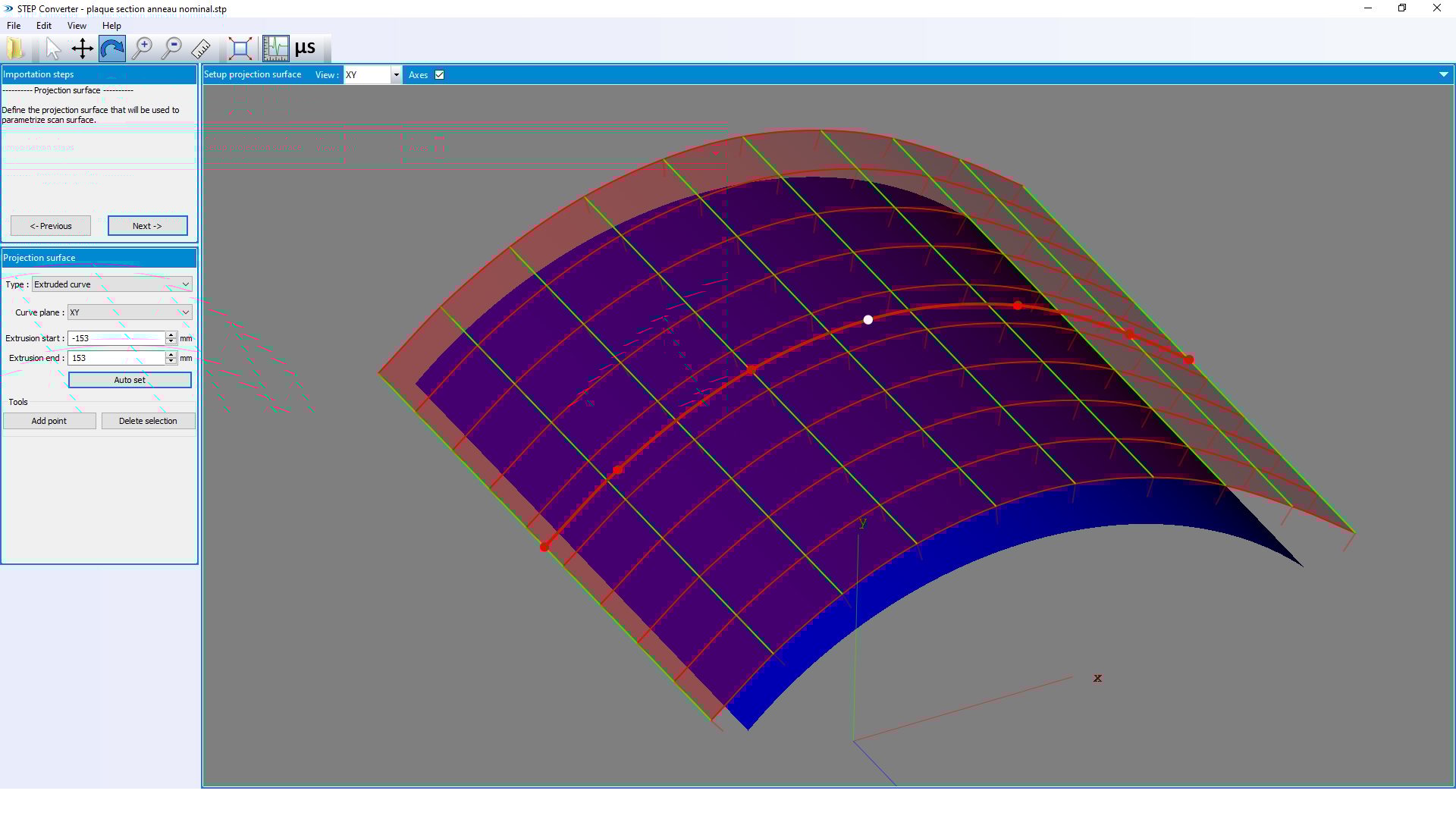 CAD software displaying a 3D curved surface with projection settings, grid, and control points.