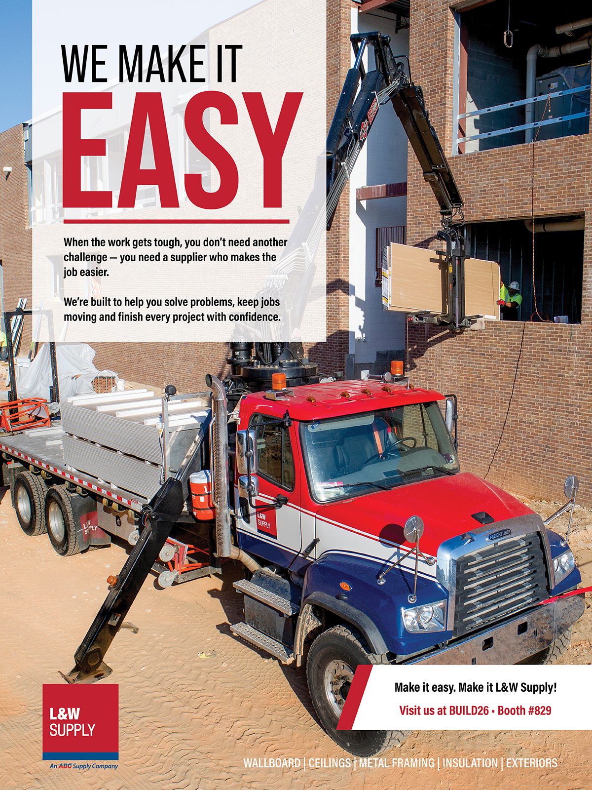 A crane truck delivering building materials to a construction site, highlighting an easy supply process.
