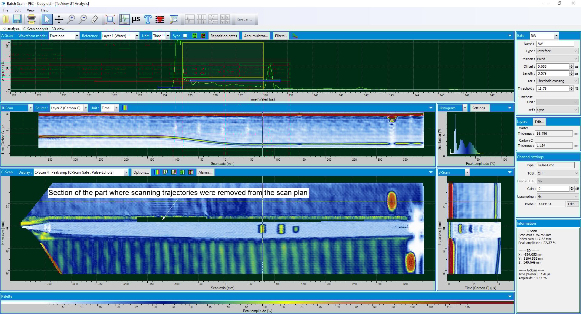 Pulse-Echo C-Scan resulting from the inspection of the strake sample after removal of the problematic scanning positions.