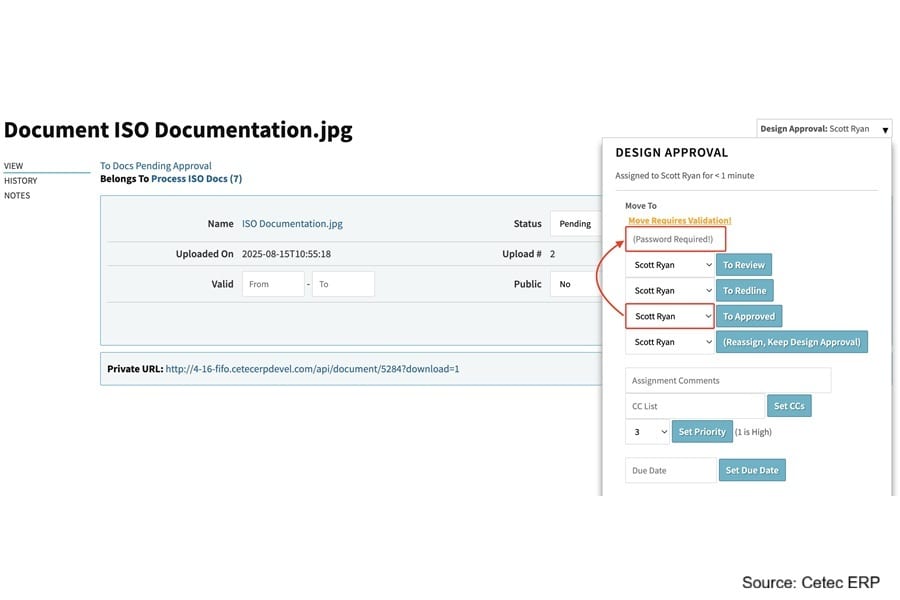 Document 'ISO Documentation.jpg' pending approval, with a popup displaying workflow actions to approve it.