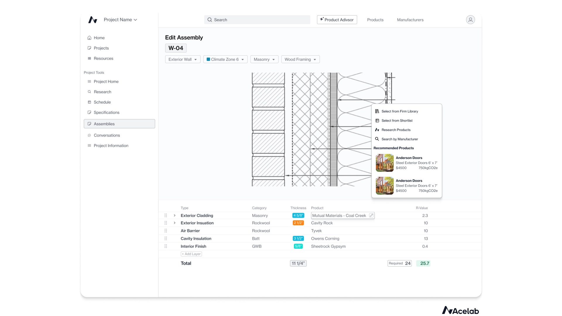 Acelab 'Edit Assembly' page with a wall cross-section diagram, product selector, and R-value table.