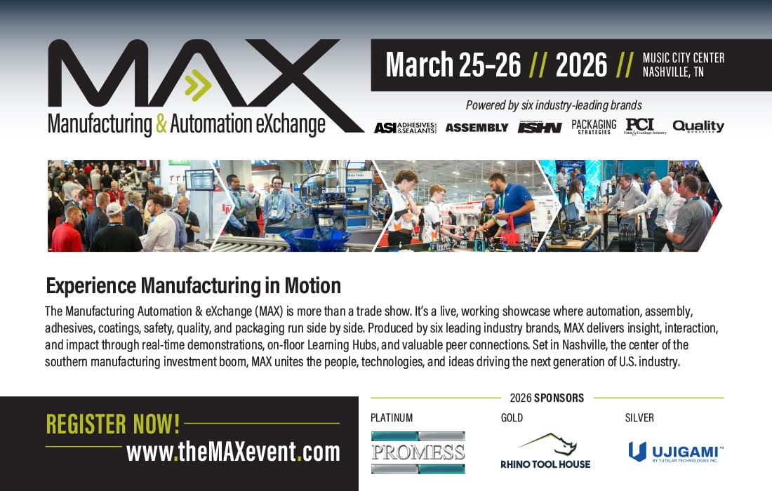 Ad for MAX Manufacturing & Automation eXchange 2026, showing event details, photos, and sponsors.
