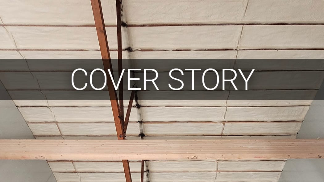 A ceiling with insulation between rafters, wooden beams, and a 'COVER STORY' overlay.