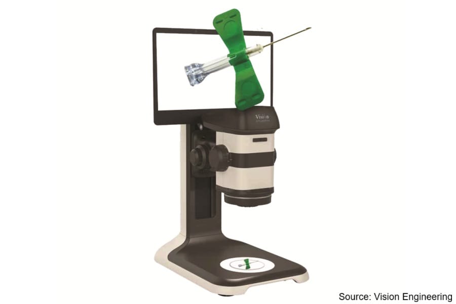 Vision Engineering digital microscope displaying a butterfly needle on its screen.