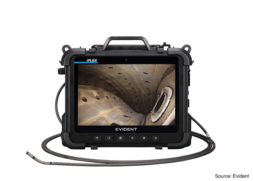 Evident iPlex industrial borescope displays machine interior on screen, with flexible probe attached.
