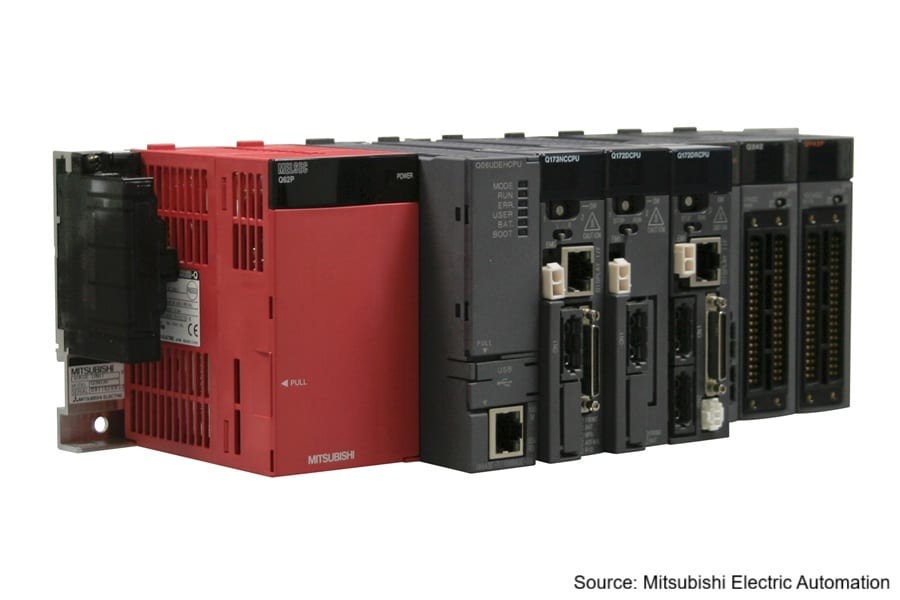 Mitsubishi Q Series PLC system with a red power supply and gray CPU and interface modules.