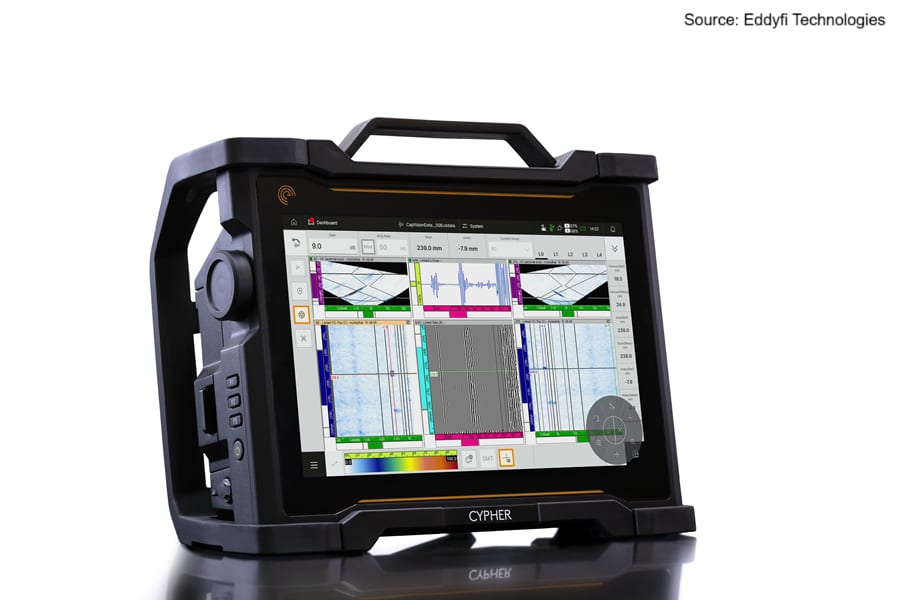 A rugged, portable "CYPHER" device displaying technical scan data on its large screen.