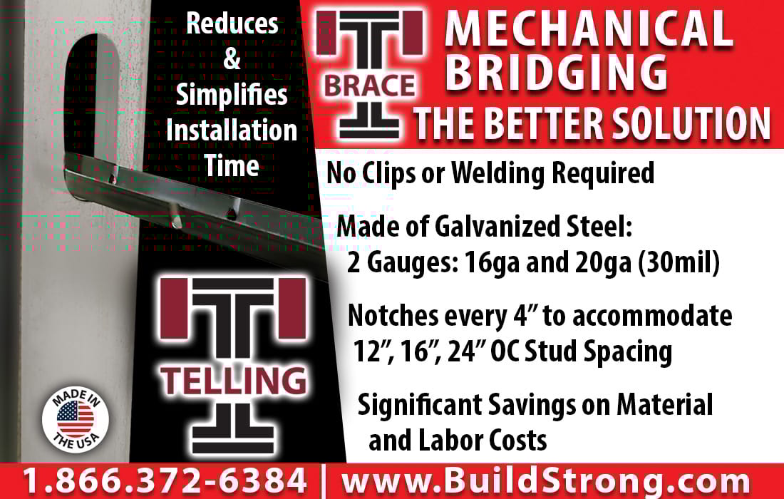 Ad for Telling Mechanical Bridging, showing a metal brace, highlighting easy installation and cost savings.