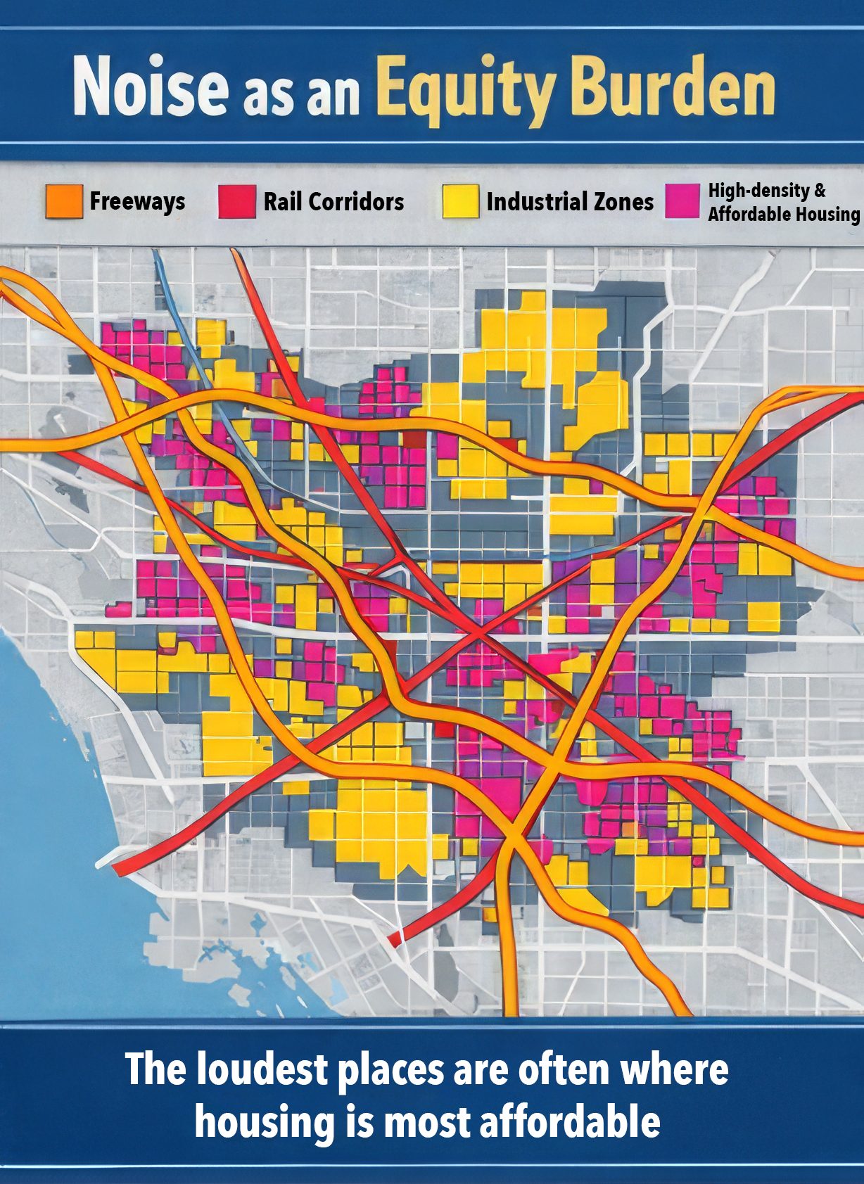Map: noise sources (freeways, rail, industrial) overlap with high-density, affordable housing.