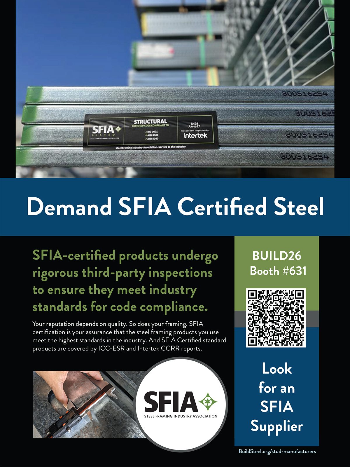 Ad for SFIA certified steel framing products, showing steel, certification details, and call to action with QR code.