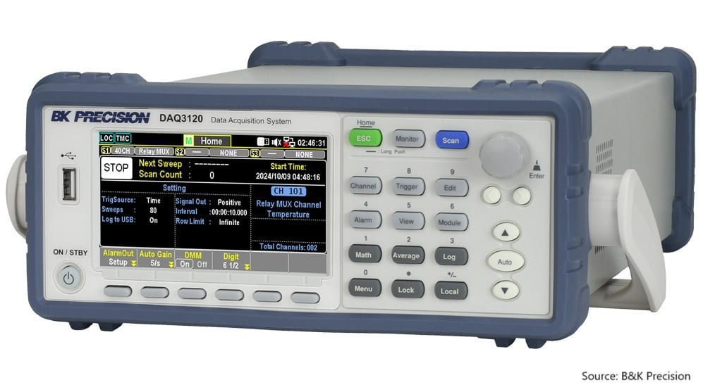 B&K Precision DAQ3120 Data Acquisition System showing its front panel and screen settings.