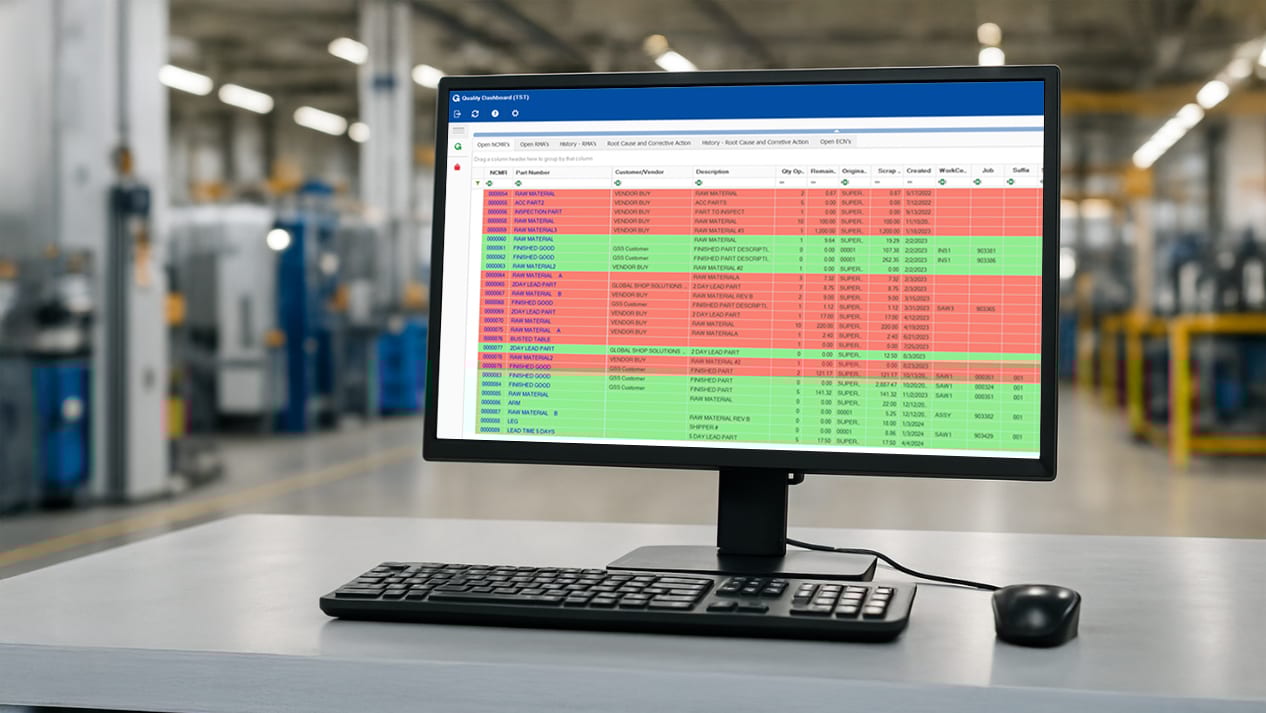 A quality dashboard on a computer monitor in a factory.