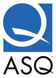 ASQ logo: white Q in blue square above black text ASQ.