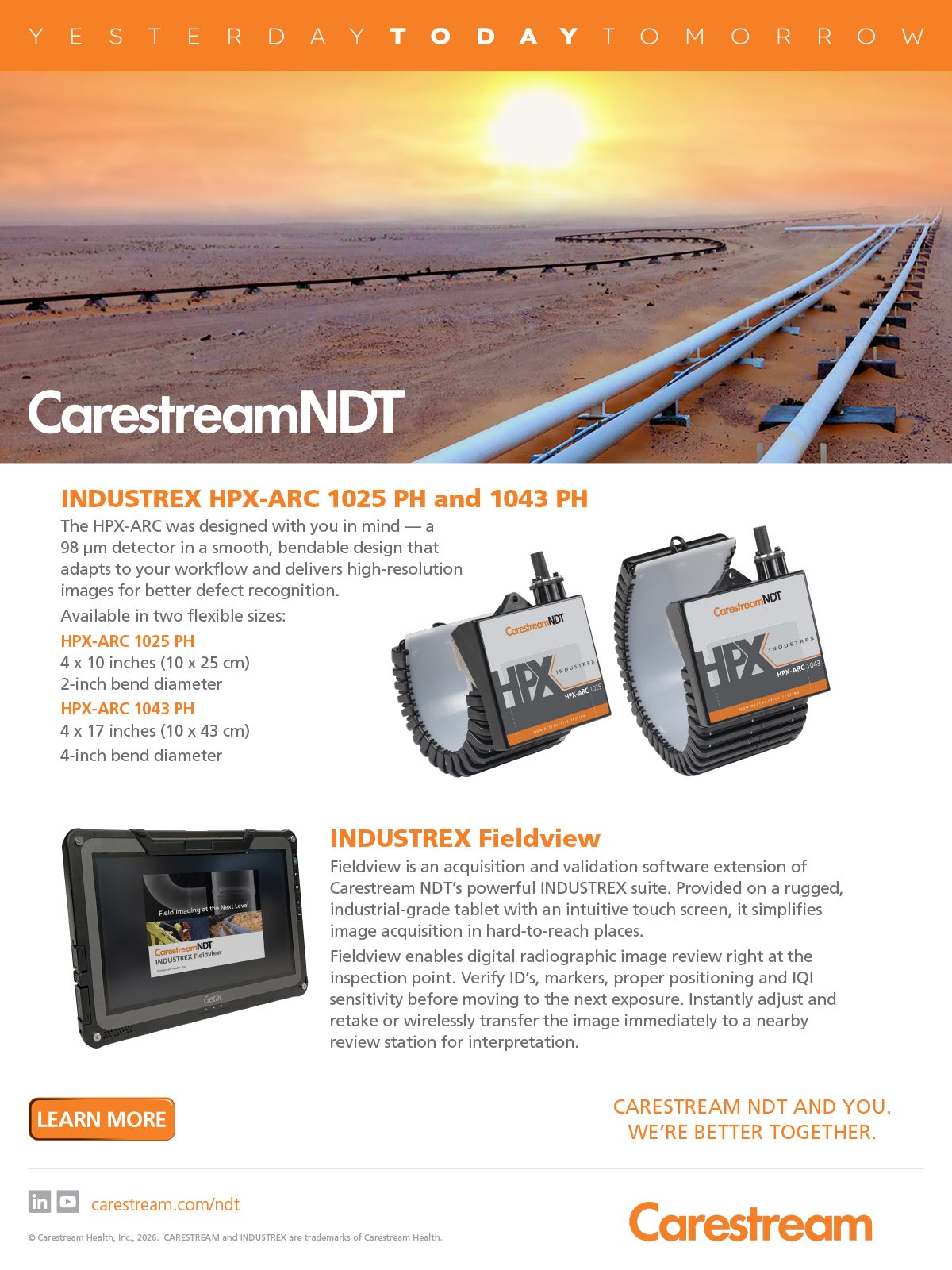 Carestream NDT ad: HPX-ARC detectors and INDUSTREX Fieldview tablet for industrial radiography and pipeline inspection.