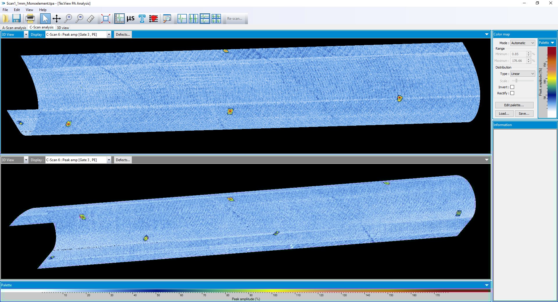 Projecting the C-Scan images on the 3D shape of the part helps with the visualization of the indications within the parts