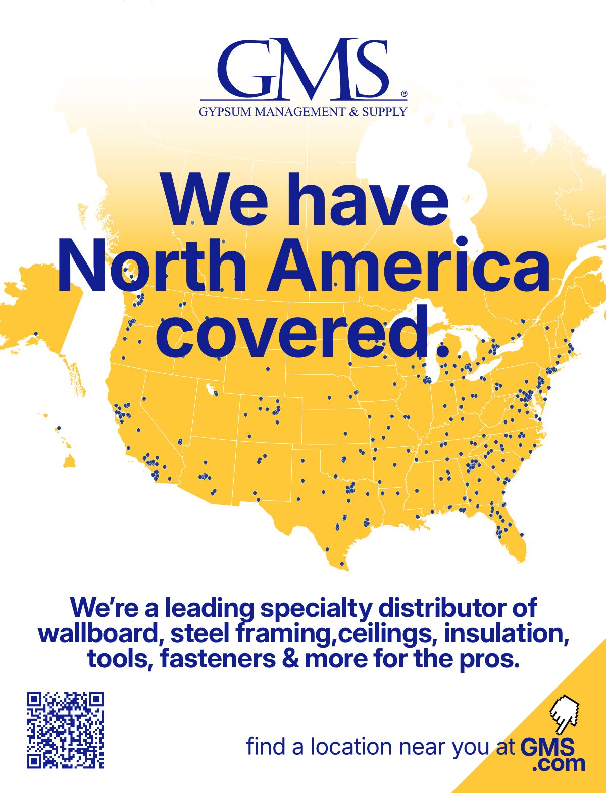 GMS map of North America showing numerous distribution locations for building materials.