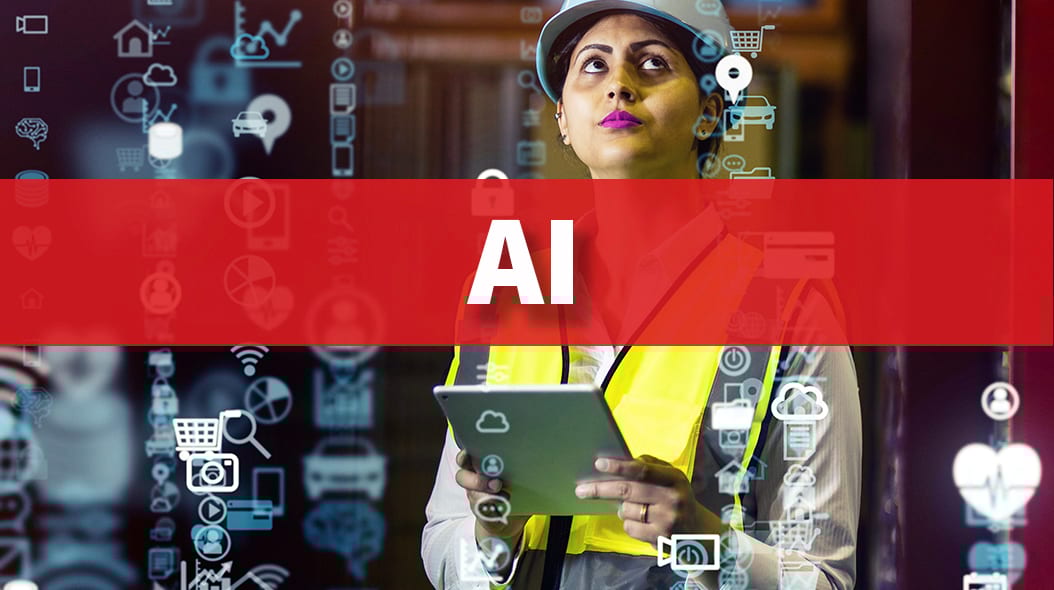 A woman in a hard hat and safety vest holds a tablet, with AI text and digital icons in the background.