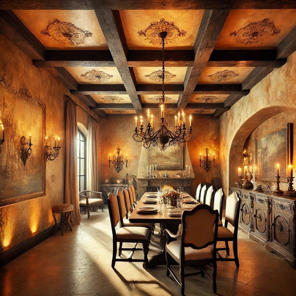 Interior design, Light fixture, Dining room, Furniture, Chandelier, Ceiling, Table, Wood, Chair, Flooring