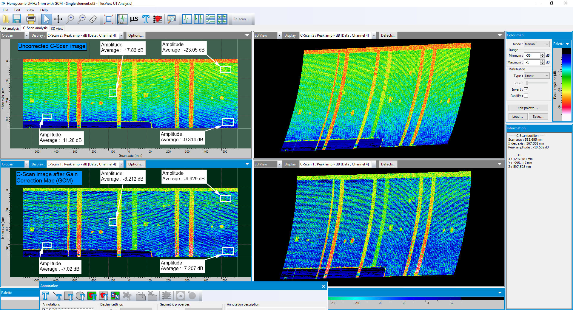 Comparison of pre and post application of the Gain Correction Map on an aircraft wing flap in TecView