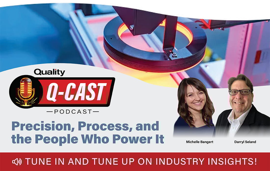 Quality Q-CAST podcast ad: Michelle Bangert, Darryl Seland on precision & process, with industrial machinery.