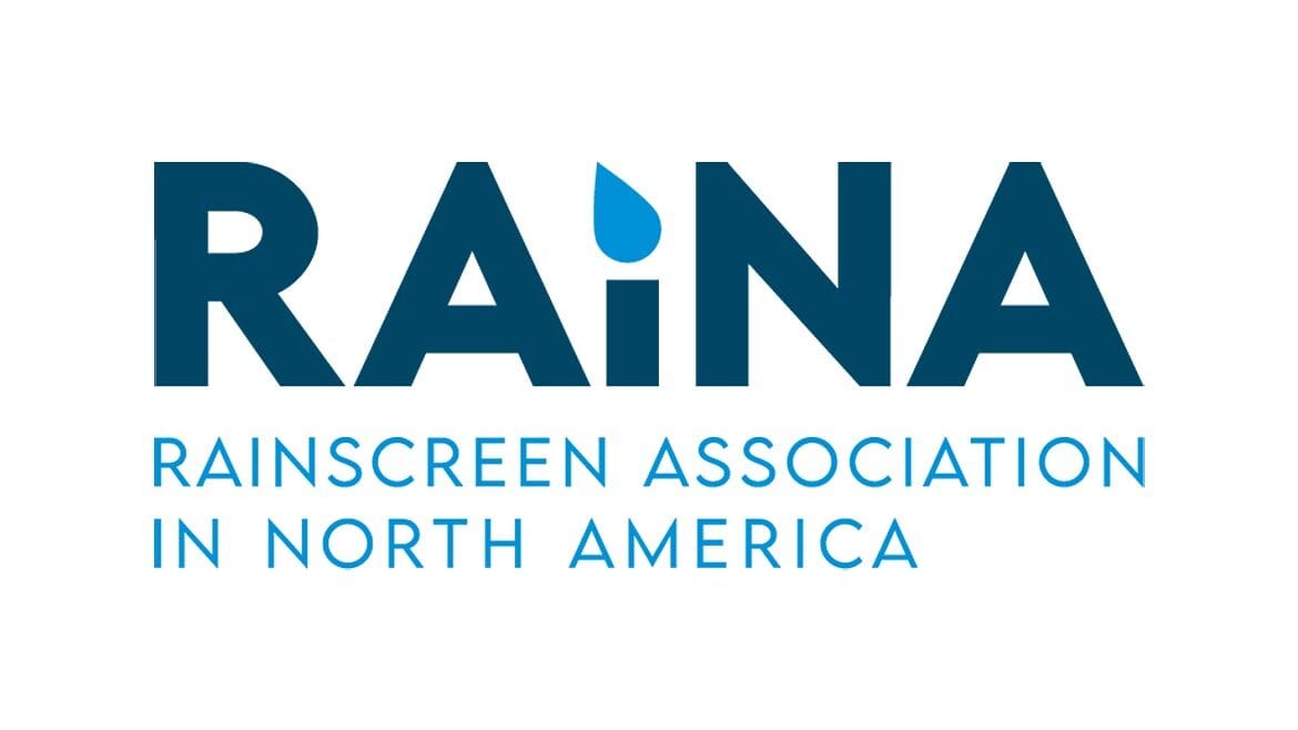 RAiNA logo with a blue raindrop replacing the 'i', and 'Rainscreen Association in North America' below.