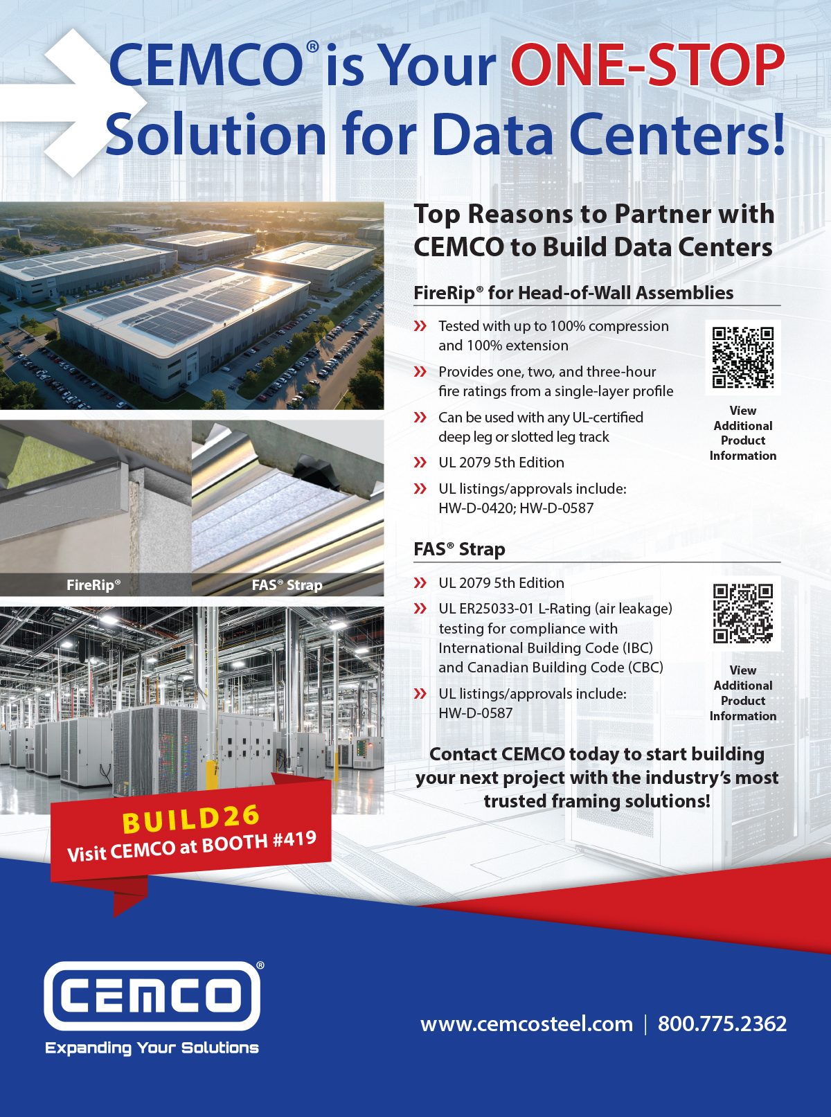 CEMCO advertises one-stop data center solutions, featuring FireRip® and FAS® Strap products, with images of facilities.