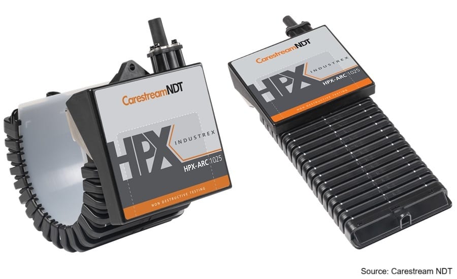 Two Carestream NDT HPX-ARC 1025 non-destructive testing devices, one curved, one straight.