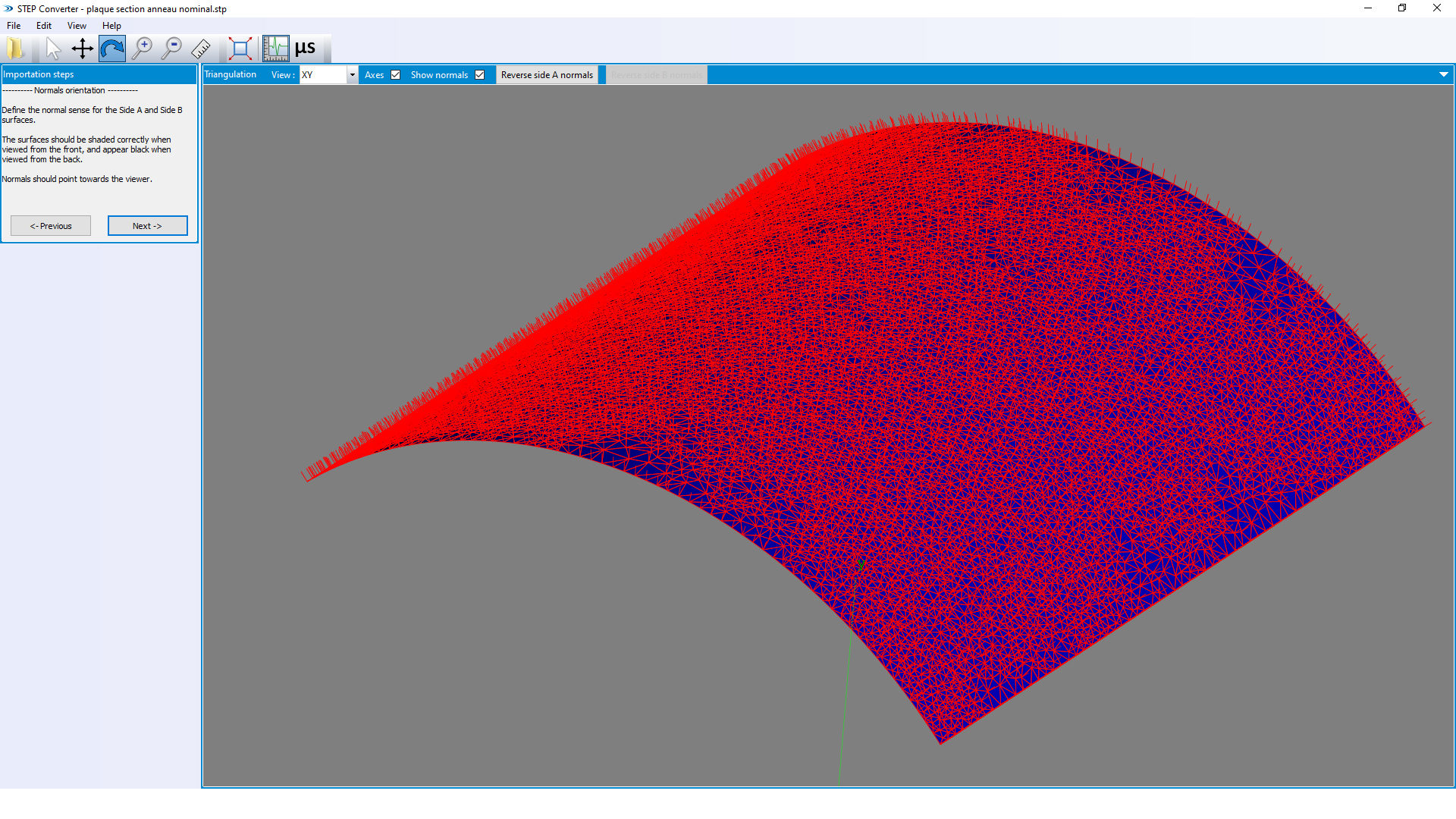 STEP Converter displays a 3D blue, triangulated curved surface with red normal vectors. UI shows normal orientation.