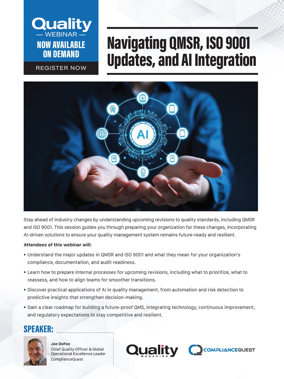 Webinar ad: Navigating QMSR, ISO 9001 Updates, & AI Integration in Quality Management. Hands with AI icon.