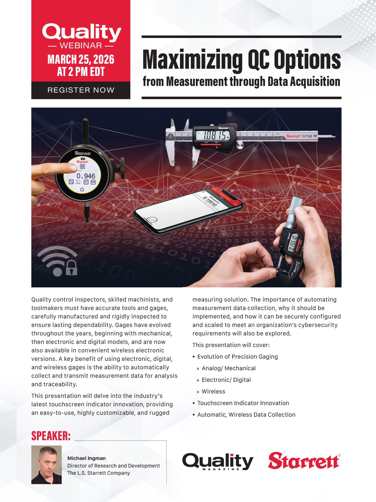 Webinar on maximizing QC options from measurement through data acquisition, featuring various digital gaging tools.