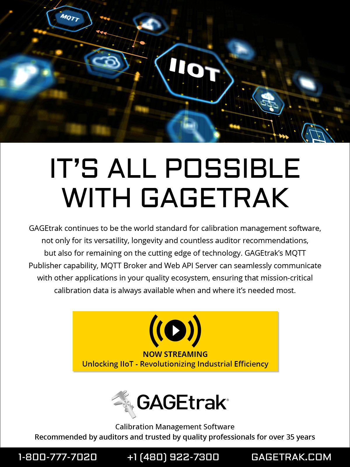 GAGEtrak calibration software ad: IIoT, MQTT, revolutionizing industrial efficiency.
