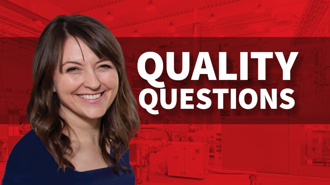 Smiling woman next to "QUALITY QUESTIONS" text on a red industrial background.