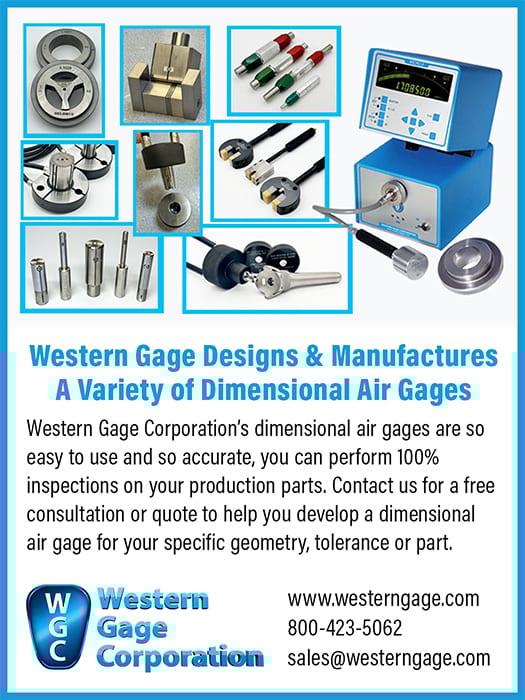 An advertisement displaying various dimensional air gages and a digital display unit, with company information.