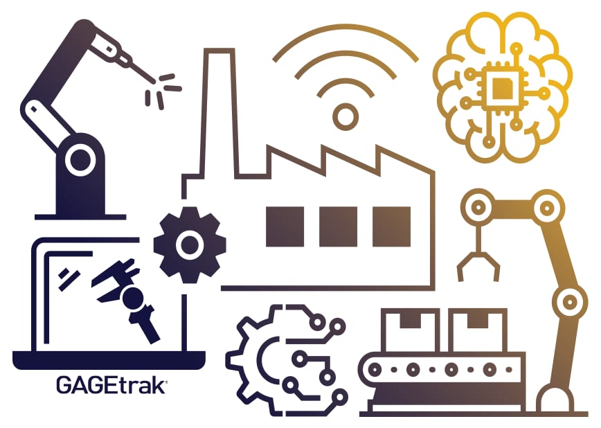 Icons of industrial automation, smart manufacturing, robotics, AI, quality control, and GAGEtrak.