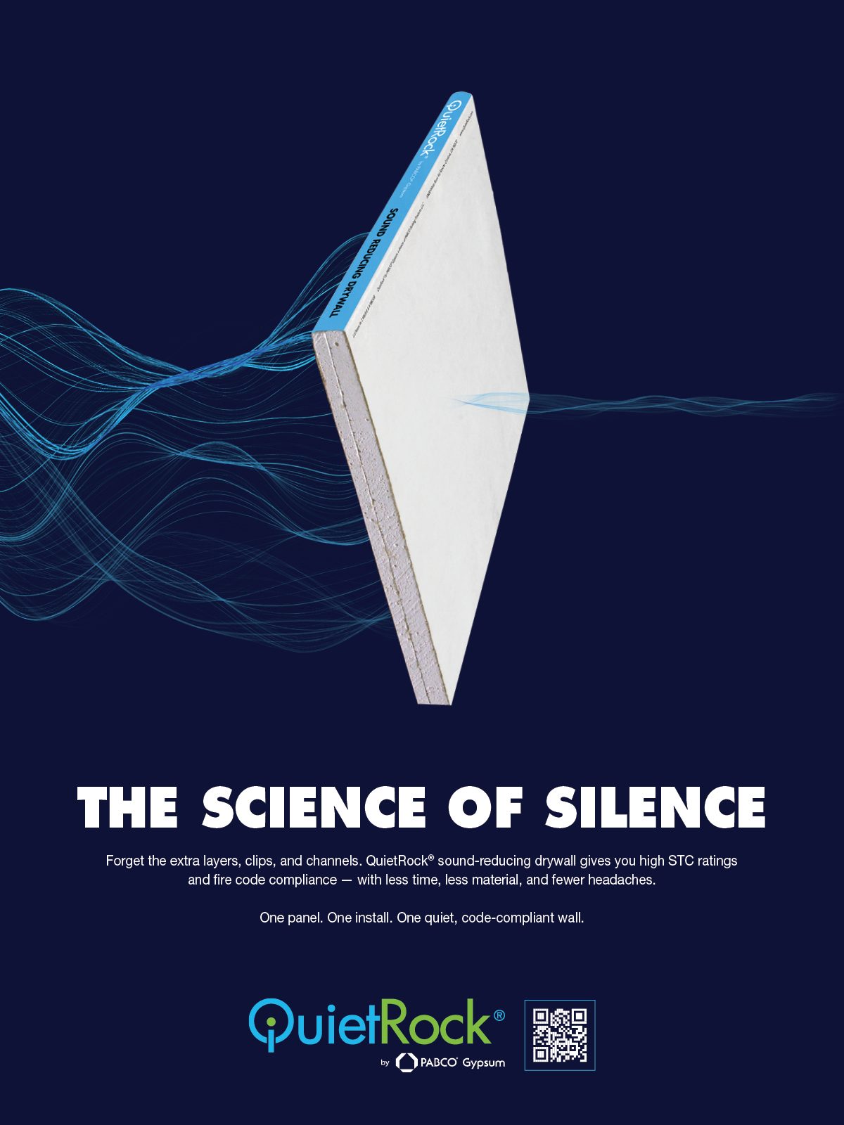 QuietRock sound-reducing drywall panel, sound waves, and 'THE SCIENCE OF SILENCE' text.