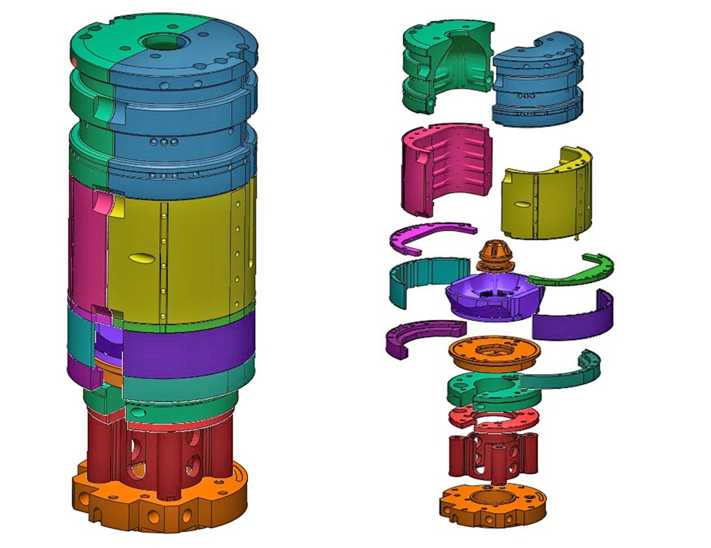 A 3D CAD model showing a multi-colored cylindrical assembly in assembled and exploded views.