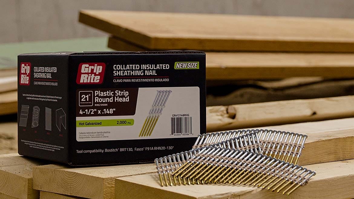Grip Rite collated insulated sheathing nails and their box, arranged on lumber.