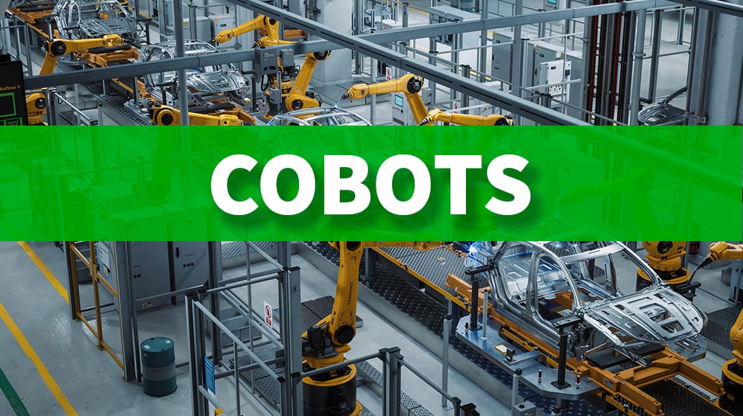 COBOTS text over industrial robots assembling car frames in a factory.